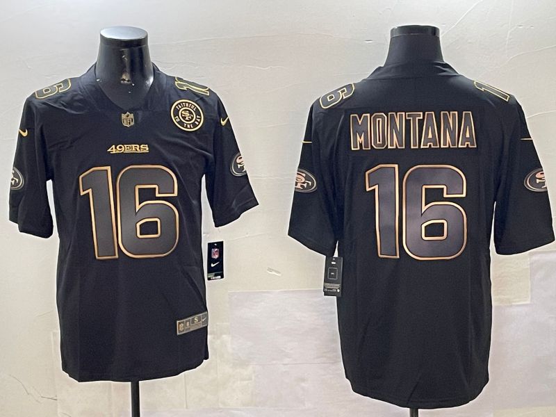 Men San Francisco 49ers #16 Montana Black Gold 2024 Nike Limited NFL Jersey style 01082